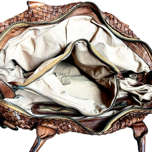 Bruno Magli Woven Leather Satchel Weekender Travel Bag Cognac Brown - Picture 8 of 16